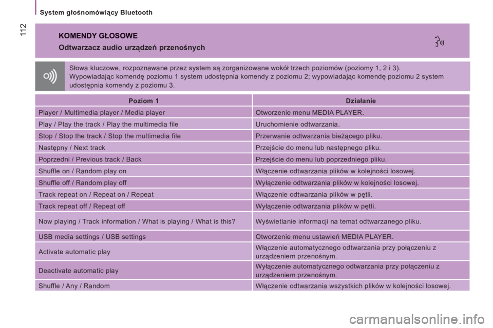 CITROEN JUMPER 2014  Instrukcja obsługi (in Polish) 11 2
   
System głośnomówiący Bluetooth 
 
KOMENDY GŁOSOWE
   
Odtwarzacz audio urządzeń przenośnych 
 
 
 
Poziom 1  
   
 
Działanie  
 
  Player / Multimedia player / Media player   Otworz