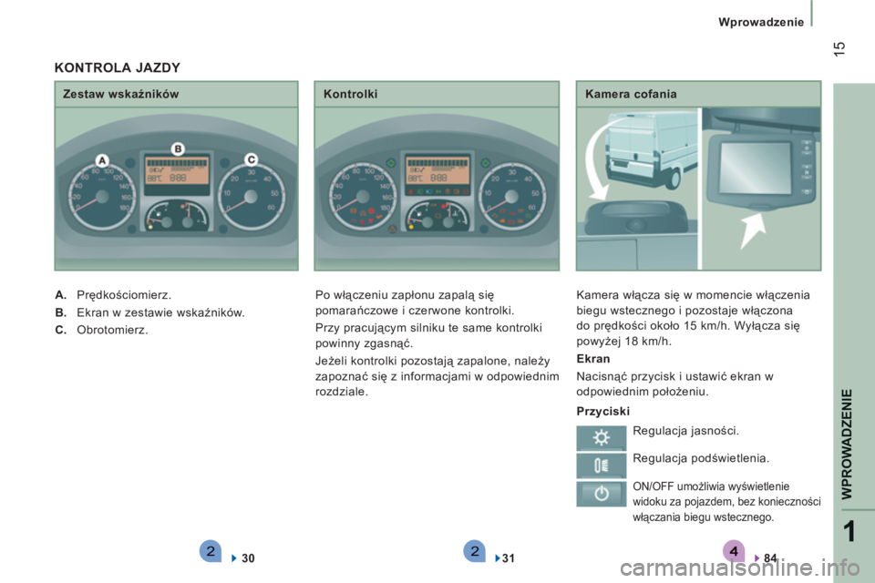 CITROEN JUMPER 2014  Instrukcja obsługi (in Polish) 221
WPROWADZENI
E
15
   
 
Wprowadzenie
   
Kamera cofania 
  Kamera włącza się w momencie włączenia 
biegu wstecznego i pozostaje włączona 
do prędkości około 15 km/h. Wyłącza się 
powy