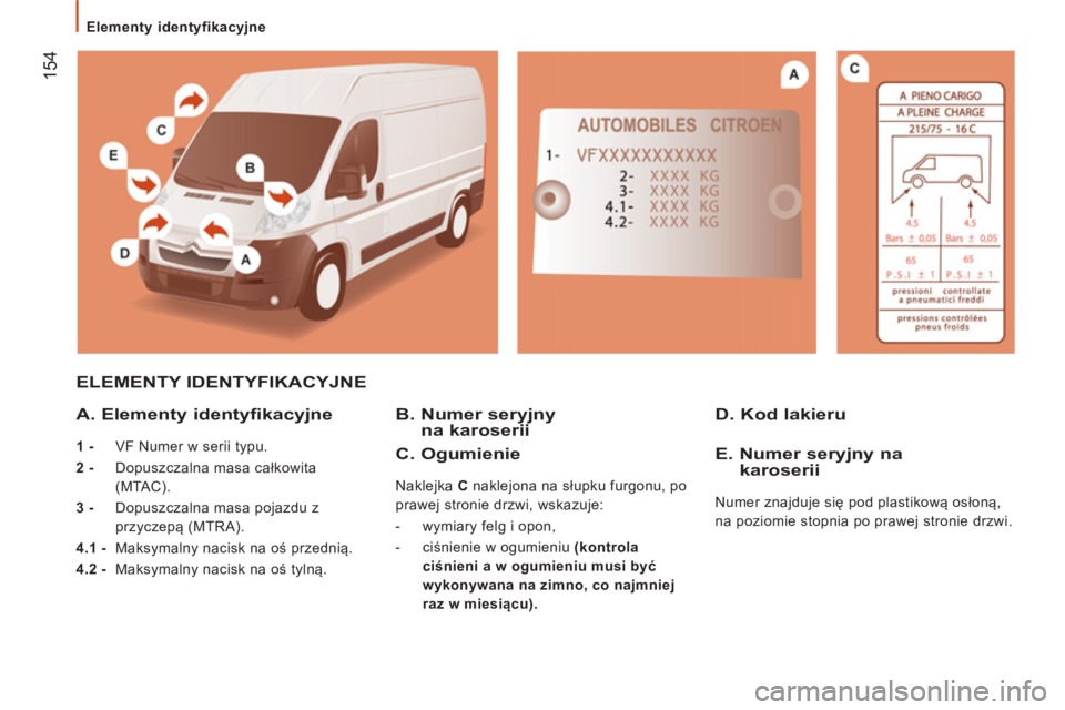 CITROEN JUMPER 2012  Instrukcja obsługi (in Polish)    
 
Elementy identyfikacyjne  
 
154
 
ELEMENTY IDENTYFIKACYJNE
   
A. Element
y identyfikacyjne 
 
 
1 - 
  VF Numer w serii typu. 
   
2 - 
  Dopuszczalna masa całkowita 
(MTAC). 
   
3 - 
  Dopu