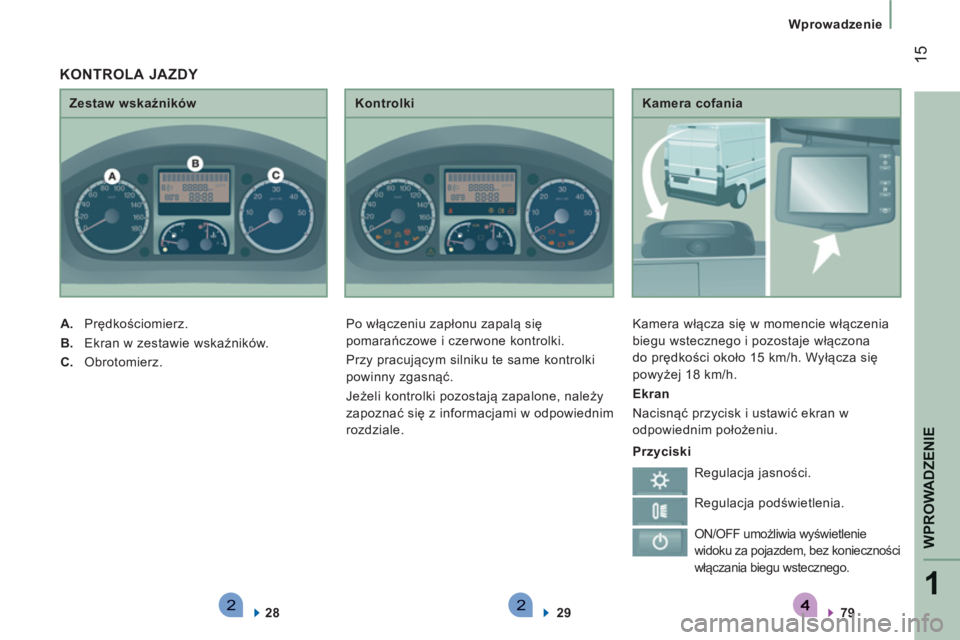 CITROEN JUMPER 2012  Instrukcja obsługi (in Polish) 221
WPROWADZENI
E
15
   
 
Wprowadzenie
   
Kamera cofania 
  Kamera włącza się w momencie włączenia 
biegu wstecznego i pozostaje włączona 
do prędkości około 15 km/h. Wyłącza się 
powy