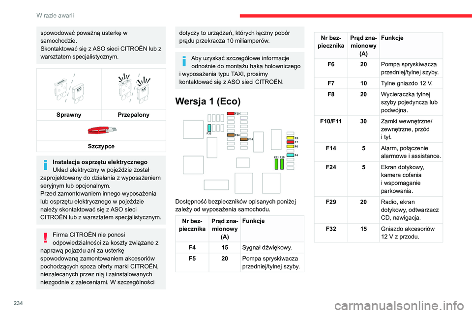 CITROEN JUMPER SPACETOURER 2021  Instrukcja obsługi (in Polish) 234
W razie awarii
spowodować poważną usterkę w 
samochodzie.
Skontaktować się z ASO sieci CITROËN lub z 
warsztatem specjalistycznym.
 
   
Sprawny
Przepalony 
 
Szczypce
Instalacja osprzętu 
