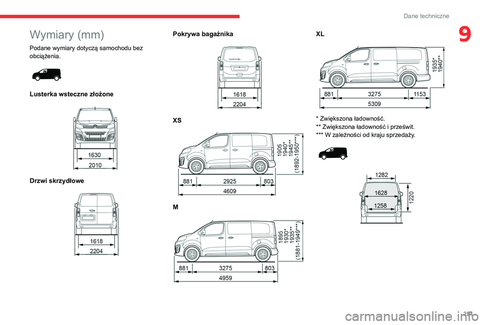 CITROEN JUMPER SPACETOURER 2021 Instrukcja obsługi (in Polish) 251
Dane techniczne
9Wymiary (mm)
Podane wymiary dotyczą samochodu bez
obciążenia.
Lusterka wsteczne złożone
Drzwi skrzydłowe
Pokrywa bagażnika
XS
M
XL
* Zwiększona ład CITROEN JUMPER SPACETOURER 2021 Instrukcja obsługi (in Polish) 251
Dane techniczne
9Wymiary (mm)
Podane wymiary dotyczą samochodu bez
obciążenia.
Lusterka wsteczne złożone
Drzwi skrzydłowe
Pokrywa bagażnika
XS
M
XL
* Zwiększona ład