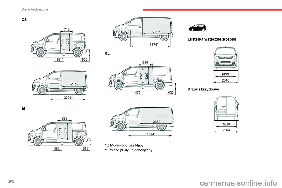 CITROEN JUMPER SPACETOURER 2021 Instrukcja obsługi (in Polish) 252
Dane techniczne
XS
M
XL
* Z Moduwork, bez klapy.
** Pojazd pusty i nieobciążony.
Lusterka wsteczne złożone
Drzwi skrzydłowe
CITROEN JUMPER SPACETOURER 2021 Instrukcja obsługi (in Polish) 252
Dane techniczne
XS
M
XL
* Z Moduwork, bez klapy.
** Pojazd pusty i nieobciążony.
Lusterka wsteczne złożone
Drzwi skrzydłowe