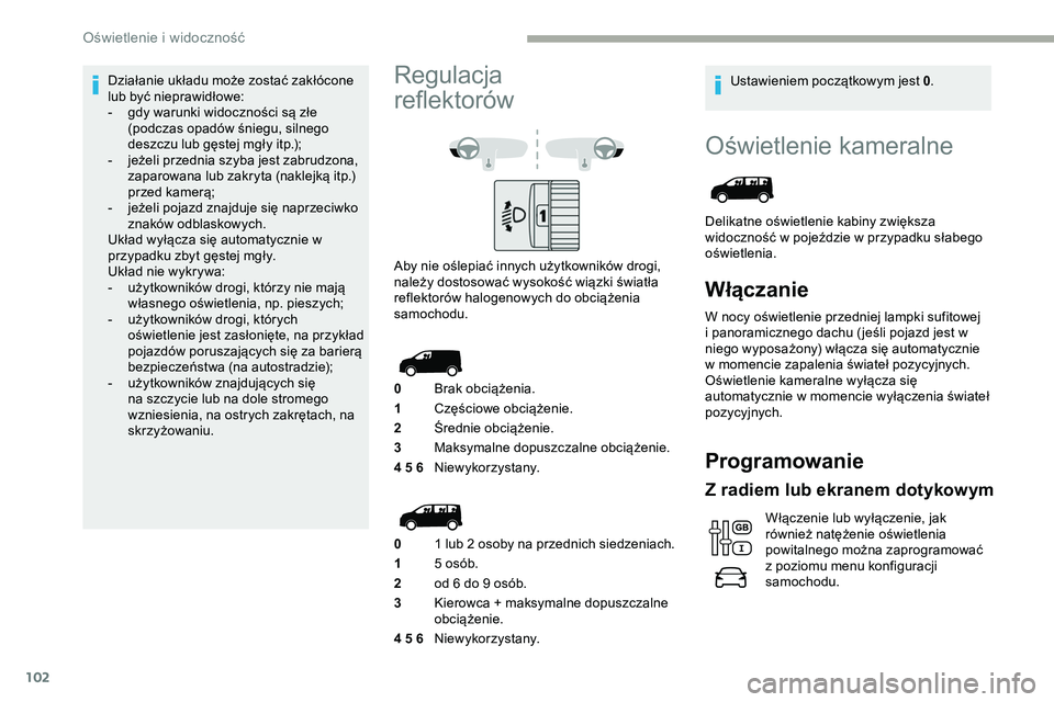 CITROEN JUMPER SPACETOURER 2020 Instrukcja obsługi (in Polish) 102
Oświetlenie kameralne
Delikatne oświetlenie kabiny zwiększa
widoczność w pojeździe w przypadku słabego
oświetlenia.
Włączanie
W nocy oświetlenie przedniej lampki sufitowej
i panorami CITROEN JUMPER SPACETOURER 2020 Instrukcja obsługi (in Polish) 102
Oświetlenie kameralne
Delikatne oświetlenie kabiny zwiększa
widoczność w pojeździe w przypadku słabego
oświetlenia.
Włączanie
W nocy oświetlenie przedniej lampki sufitowej
i panorami
