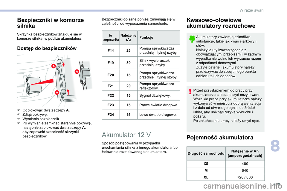 CITROEN JUMPER SPACETOURER 2020 Instrukcja obsługi (in Polish) 219
Bezpieczniki w komorze
silnika
Skrzynka bezpieczników znajduje się w
komorze silnika, w pobliżu akumulatora.
Dostęp do bezpieczników
F Odblokować dwa zaczepy A.
F Z djąć pokrywę.
F
W CITROEN JUMPER SPACETOURER 2020 Instrukcja obsługi (in Polish) 219
Bezpieczniki w komorze
silnika
Skrzynka bezpieczników znajduje się w
komorze silnika, w pobliżu akumulatora.
Dostęp do bezpieczników
F Odblokować dwa zaczepy A.
F Z djąć pokrywę.
F
W