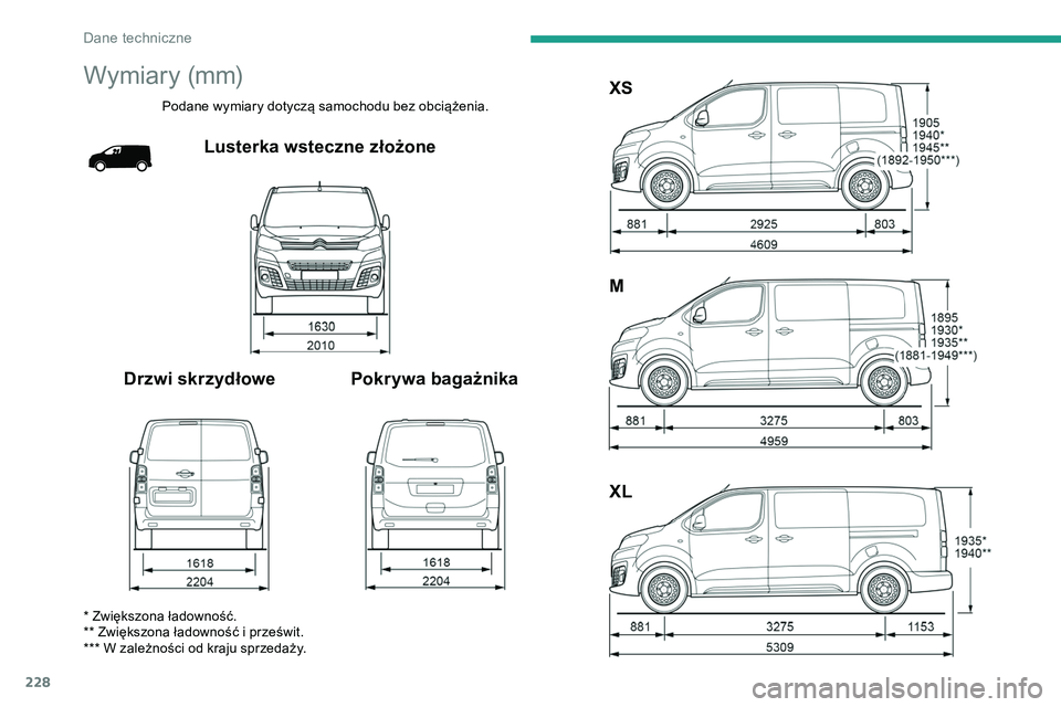 CITROEN JUMPER SPACETOURER 2020 Instrukcja obsługi (in Polish) 228
Wymiary (mm)
Podane wymiary dotyczą samochodu bez obciążenia.
Lusterka wsteczne złożone
Drzwi skrzydłowe Pokrywa bagażnika XS
M
XL
* Zwiększona ładowność.
** Zwiększona ładowność i CITROEN JUMPER SPACETOURER 2020 Instrukcja obsługi (in Polish) 228
Wymiary (mm)
Podane wymiary dotyczą samochodu bez obciążenia.
Lusterka wsteczne złożone
Drzwi skrzydłowe Pokrywa bagażnika XS
M
XL
* Zwiększona ładowność.
** Zwiększona ładowność i