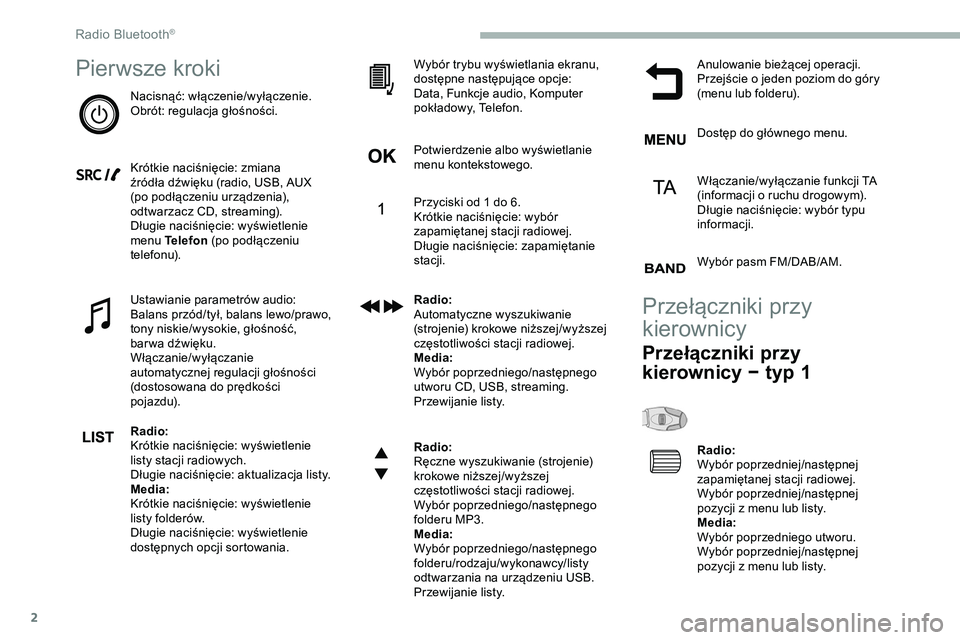 CITROEN JUMPER SPACETOURER 2020 Instrukcja obsługi (in Polish) 2
Pierwsze kroki
Nacisnąć: włączenie/wyłączenie.
Obrót: regulacja głośności.
Krótkie naciśnięcie: zmiana
źródła dźwięku (radio, USB, AUX
(po podłączeniu urządzenia),
odtwarzacz CITROEN JUMPER SPACETOURER 2020 Instrukcja obsługi (in Polish) 2
Pierwsze kroki
Nacisnąć: włączenie/wyłączenie.
Obrót: regulacja głośności.
Krótkie naciśnięcie: zmiana
źródła dźwięku (radio, USB, AUX
(po podłączeniu urządzenia),
odtwarzacz