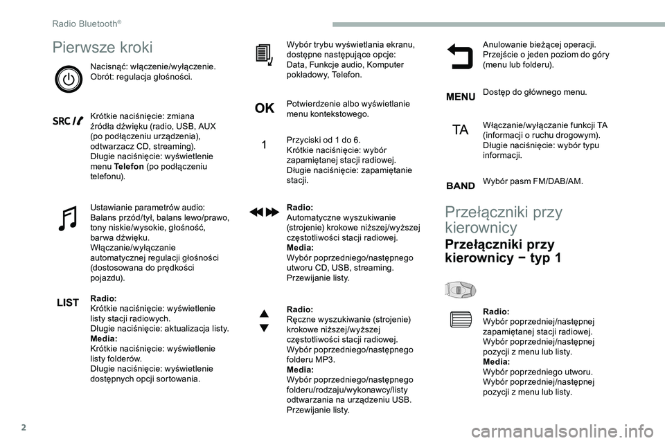 CITROEN JUMPER DISPATCH 2020  Instrukcja obsługi (in Polish) 2
Pierwsze kroki
Nacisnąć: włączenie/wyłączenie.
Obrót: regulacja głośności.
Krótkie naciśnięcie: zmiana 
źródła dźwięku (radio, USB, AUX 
(po podłączeniu urządzenia), 
odtwarzacz