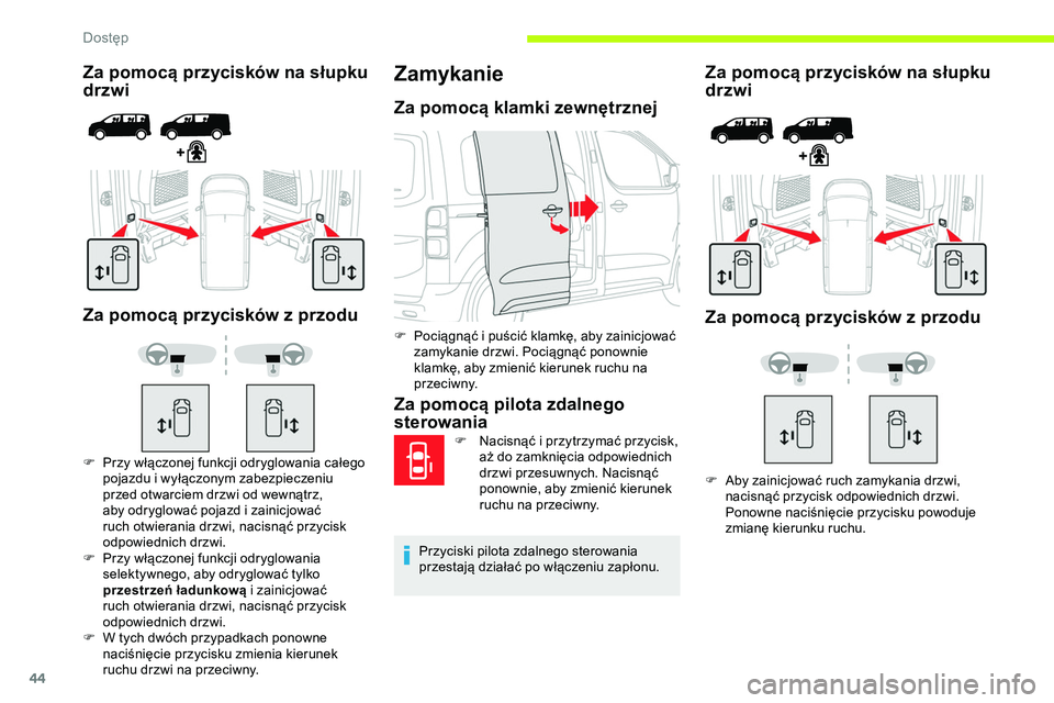 CITROEN JUMPER DISPATCH 2020  Instrukcja obsługi (in Polish) 44
Za pomocą przycisków na słupku 
drzwi
Za pomocą przycisków z przodu
F Przy włączonej funkcji odryglowania całego  pojazdu i wyłączonym zabezpieczeniu 
przed otwarciem drzwi od wewnątrz, 