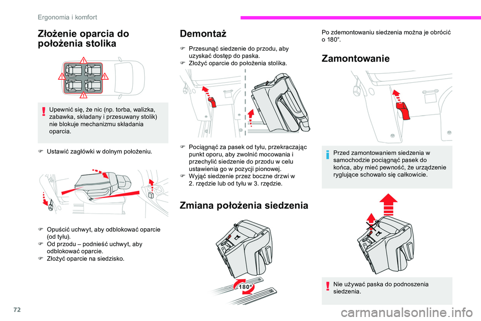 CITROEN JUMPER DISPATCH 2020 Instrukcja obsługi (in Polish) 72
Złożenie oparcia do
położenia stolika
Upewnić się, że nic (np. torba, walizka,
zabawka, składany i przesuwany stolik)
nie blokuje mechanizmu składania
oparcia.
F
U
stawić zagłówk CITROEN JUMPER DISPATCH 2020 Instrukcja obsługi (in Polish) 72
Złożenie oparcia do
położenia stolika
Upewnić się, że nic (np. torba, walizka,
zabawka, składany i przesuwany stolik)
nie blokuje mechanizmu składania
oparcia.
F
U
stawić zagłówk