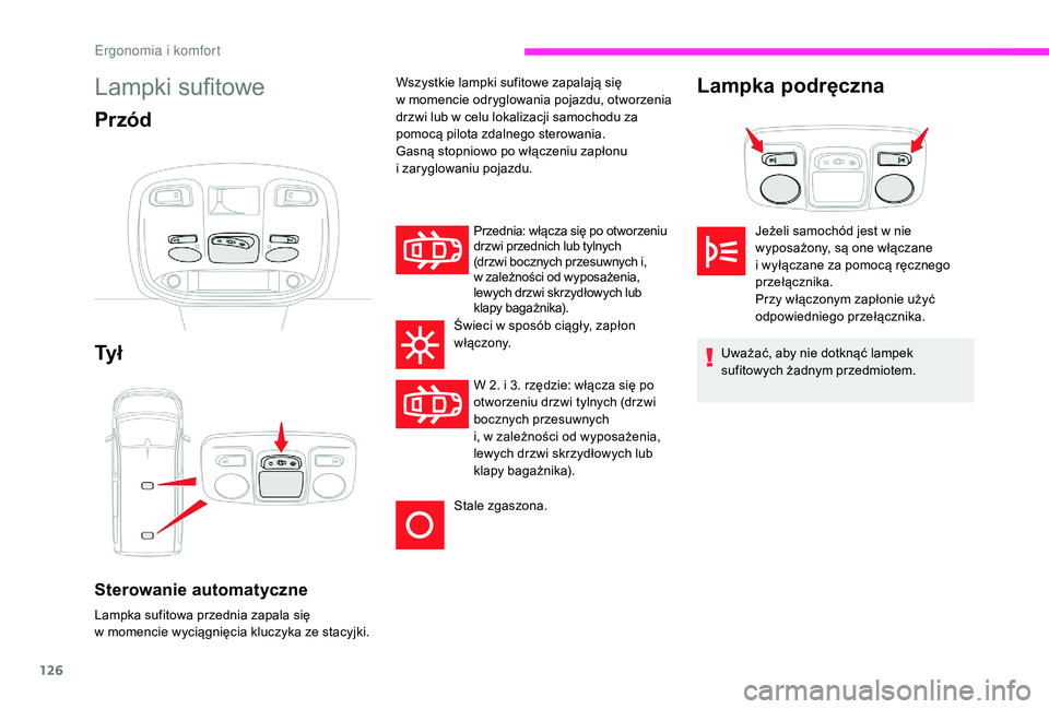 CITROEN JUMPER SPACETOURER 2018 Instrukcja obsługi (in Polish) 126
Lampki sufitowe
Przód
Ty ł
Sterowanie automatyczne
Lampka sufitowa przednia zapala się
w momencie wyciągnięcia kluczyka ze stacyjki.Przednia: włącza się po otworzeniu
drzwi przednich lu CITROEN JUMPER SPACETOURER 2018 Instrukcja obsługi (in Polish) 126
Lampki sufitowe
Przód
Ty ł
Sterowanie automatyczne
Lampka sufitowa przednia zapala się
w momencie wyciągnięcia kluczyka ze stacyjki.Przednia: włącza się po otworzeniu
drzwi przednich lu