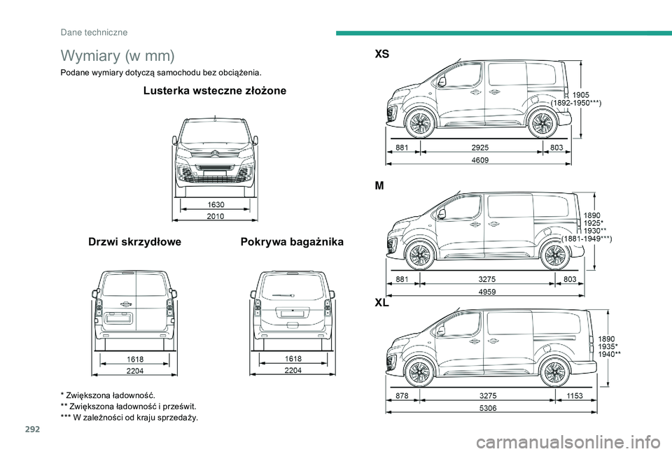 CITROEN JUMPER SPACETOURER 2018  Instrukcja obsługi (in Polish) 292
Wymiary (w mm)
Podane wymiary dotyczą samochodu bez obciążenia.
Lusterka wsteczne złożone
Drzwi skrzydłowe Pokrywa bagażnikaXS
M
XL
* Zwiększona ładowność.
** Zwiększona ładowność i