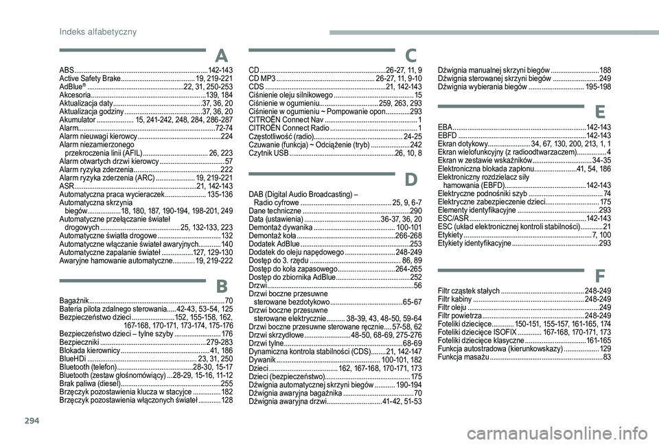 CITROEN JUMPER SPACETOURER 2018  Instrukcja obsługi (in Polish) 294
ABS ........................................................................142-143
Active Safety Brake........................................ 19, 219 -221
AdBlue
® .............................