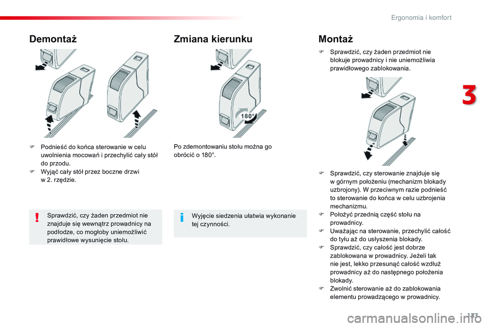 CITROEN JUMPER SPACETOURER 2017 Instrukcja obsługi (in Polish) 123
Spacetourer-VP_pl_Chap03_ergonomie-et-confort_ed01-2016
F Podnieść do końca sterowanie w celu
uwolnienia mocowań i przechylić cały stół
do przodu.
F
W
yjąć cały stół przez boc CITROEN JUMPER SPACETOURER 2017 Instrukcja obsługi (in Polish) 123
Spacetourer-VP_pl_Chap03_ergonomie-et-confort_ed01-2016
F Podnieść do końca sterowanie w celu
uwolnienia mocowań i przechylić cały stół
do przodu.
F
W
yjąć cały stół przez boc