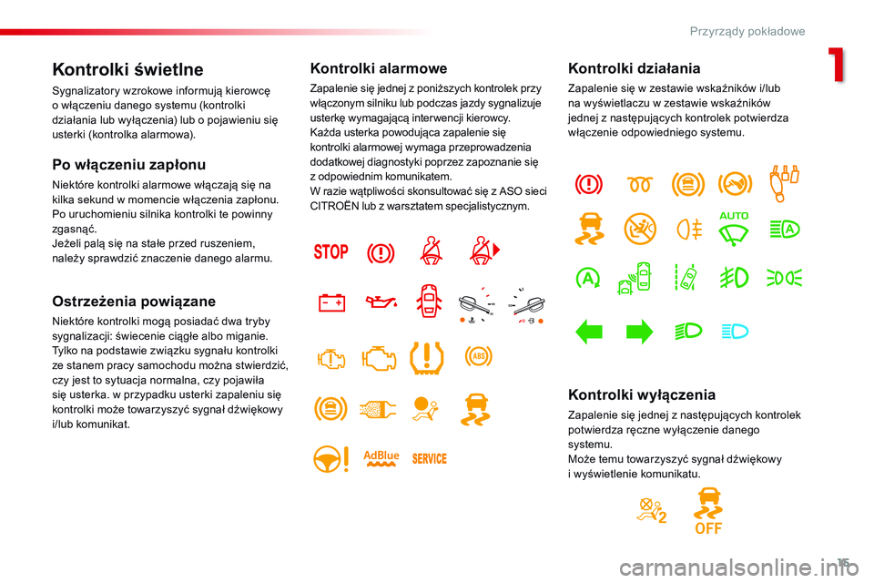 CITROEN JUMPER SPACETOURER 2017 Instrukcja obsługi (in Polish) 15
Spacetourer-VP_pl_Chap01_instruments-de-bord_ed01-2016
Kontrolki świetlne
Sygnalizatory wzrokowe informują kierowcę
o włączeniu danego systemu (kontrolki
działania lub wyłączenia) lub o CITROEN JUMPER SPACETOURER 2017 Instrukcja obsługi (in Polish) 15
Spacetourer-VP_pl_Chap01_instruments-de-bord_ed01-2016
Kontrolki świetlne
Sygnalizatory wzrokowe informują kierowcę
o włączeniu danego systemu (kontrolki
działania lub wyłączenia) lub o