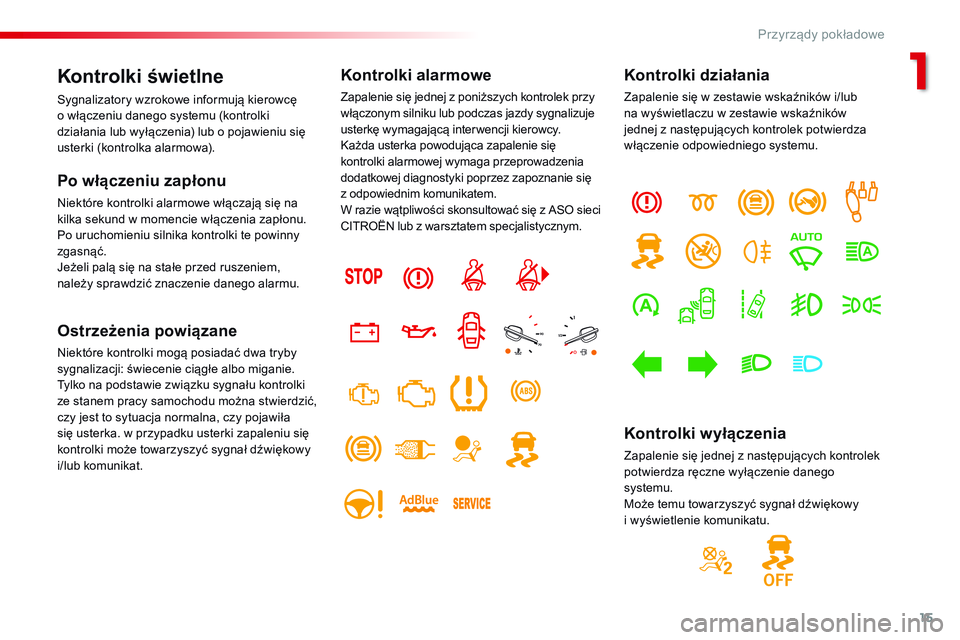 CITROEN JUMPER SPACETOURER 2017  Instrukcja obsługi (in Polish) 15
Spacetourer-VP_pl_Chap01_instruments-de-bord_ed01-2016
Kontrolki świetlne
Sygnalizatory wzrokowe informują kierowcę 
o  włączeniu danego systemu (kontrolki 
działania lub wyłączenia) lub o 