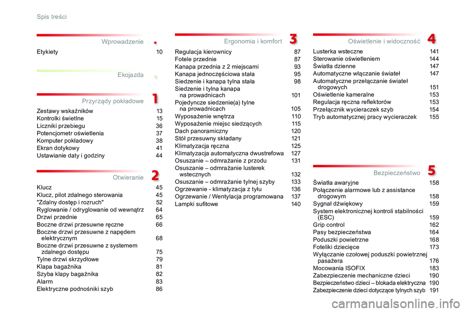 CITROEN JUMPER SPACETOURER 2017 Instrukcja obsługi (in Polish) .
.
Spacetourer-VP_pl_Chap00a_sommaire_ed01-2016
Wprowadzenie
Zestawy wskaźników 13
Kontrolki świetlne 1 5
Liczniki przebiegu
3
6
Potencjometr oświetlenia
3
7
Komputer pokładowy
3
8
Ekr CITROEN JUMPER SPACETOURER 2017 Instrukcja obsługi (in Polish) .
.
Spacetourer-VP_pl_Chap00a_sommaire_ed01-2016
Wprowadzenie
Zestawy wskaźników 13
Kontrolki świetlne 1 5
Liczniki przebiegu
3
6
Potencjometr oświetlenia
3
7
Komputer pokładowy
3
8
Ekr