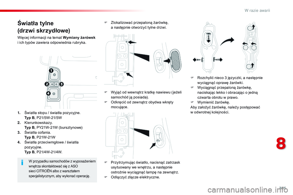CITROEN JUMPER SPACETOURER 2017  Instrukcja obsługi (in Polish) 305
Spacetourer-VP_pl_Chap08_En-cas-de-panne_ed01-2016
Światła tylne
(drzwi skrzydłowe)
Więcej informacji na temat Wymiany żarówek 
i   ich typów   zawiera odpowiednia rubryka.
F
 
P
 rzytrzymu