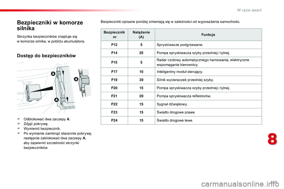 CITROEN JUMPER SPACETOURER 2017 Instrukcja obsługi (in Polish) 315
Spacetourer-VP_pl_Chap08_En-cas-de-panne_ed01-2016
Bezpieczniki w komorze
silnika
F Odblokować dwa zaczepy A .
F Z djąć pokrywę.
F
W
ymienić bezpiecznik.
F
P
o wymianie zamknąć star CITROEN JUMPER SPACETOURER 2017 Instrukcja obsługi (in Polish) 315
Spacetourer-VP_pl_Chap08_En-cas-de-panne_ed01-2016
Bezpieczniki w komorze
silnika
F Odblokować dwa zaczepy A .
F Z djąć pokrywę.
F
W
ymienić bezpiecznik.
F
P
o wymianie zamknąć star