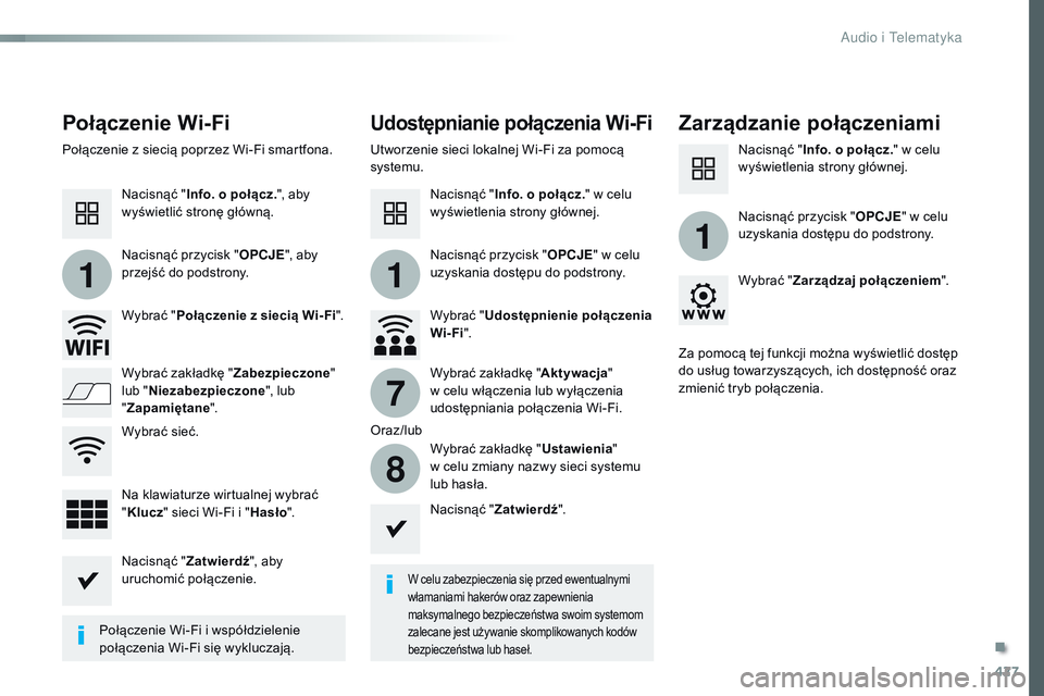 CITROEN JUMPER SPACETOURER 2017 Instrukcja obsługi (in Polish) 427
11
1
7
8
Spacetourer-VP_pl_Chap10c_RCC-1_ed01-2016
Połączenie Wi-FiUdostępnianie połączenia Wi-FiZarządzanie połączeniami
W celu zabezpieczenia się przed ewentualnymi
włamaniami hakeró CITROEN JUMPER SPACETOURER 2017 Instrukcja obsługi (in Polish) 427
11
1
7
8
Spacetourer-VP_pl_Chap10c_RCC-1_ed01-2016
Połączenie Wi-FiUdostępnianie połączenia Wi-FiZarządzanie połączeniami
W celu zabezpieczenia się przed ewentualnymi
włamaniami hakeró