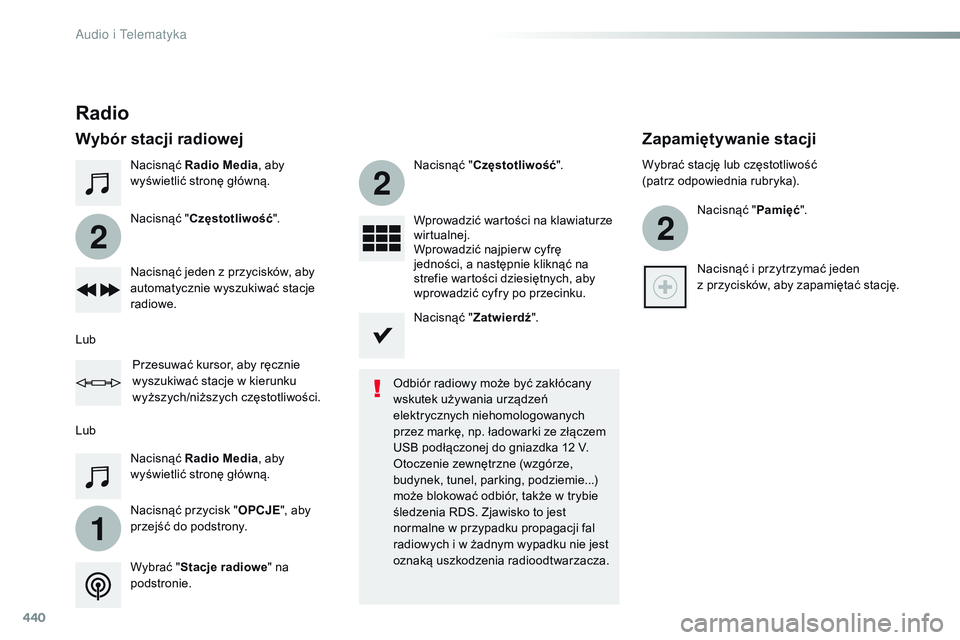 CITROEN JUMPER SPACETOURER 2017 Instrukcja obsługi (in Polish) 440
1
2
2
2
Spacetourer-VP_pl_Chap10c_RCC-1_ed01-2016
Nacisnąć Radio Media , aby
wyświetlić stronę główną.
Nacisnąć przycisk " OPCJE", aby
przejść do podstrony. Nacisnąć " CITROEN JUMPER SPACETOURER 2017 Instrukcja obsługi (in Polish) 440
1
2
2
2
Spacetourer-VP_pl_Chap10c_RCC-1_ed01-2016
Nacisnąć Radio Media , aby
wyświetlić stronę główną.
Nacisnąć przycisk " OPCJE", aby
przejść do podstrony. Nacisnąć "