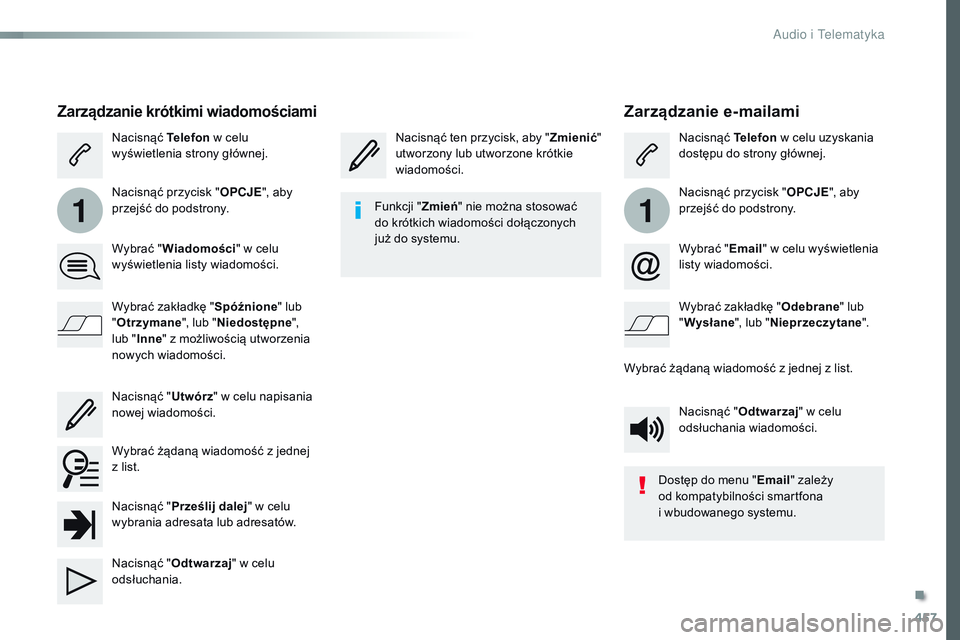 CITROEN JUMPER SPACETOURER 2017 Instrukcja obsługi (in Polish) 457
11
Spacetourer-VP_pl_Chap10c_RCC-1_ed01-2016
Zarządzanie e-mailami
Nacisnąć ten przycisk, aby "Zmienić"
utworzony lub utworzone krótkie
wiadomości. Nacisnąć
Telefon w celu uzysk CITROEN JUMPER SPACETOURER 2017 Instrukcja obsługi (in Polish) 457
11
Spacetourer-VP_pl_Chap10c_RCC-1_ed01-2016
Zarządzanie e-mailami
Nacisnąć ten przycisk, aby "Zmienić"
utworzony lub utworzone krótkie
wiadomości. Nacisnąć
Telefon w celu uzysk