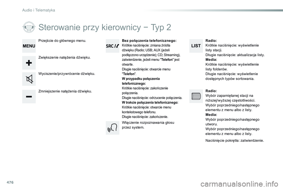 CITROEN JUMPER SPACETOURER 2017 Instrukcja obsługi (in Polish) 476
Sterowanie przy kierownicy − Typ 2
Zmniejszenie natężenia dźwięku. Wyciszenie/przywrócenie dźwięku.Bez
połą czenia telefonicznego :
Krótkie naciśnięcie: zmiana źródła
dźwięku CITROEN JUMPER SPACETOURER 2017 Instrukcja obsługi (in Polish) 476
Sterowanie przy kierownicy − Typ 2
Zmniejszenie natężenia dźwięku. Wyciszenie/przywrócenie dźwięku.Bez
połą czenia telefonicznego :
Krótkie naciśnięcie: zmiana źródła
dźwięku