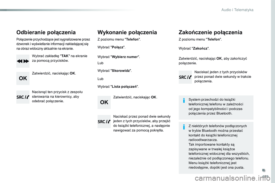 CITROEN JUMPER SPACETOURER 2017 Instrukcja obsługi (in Polish) 489
Spacetourer-VP_pl_Chap10d_RD6_ed01-2016
Odbieranie połączenia
Połączenie przychodzące jest sygnalizowane przez
dzwonek i wyświetlanie informacji nakładającej się
na obraz widoczny aktua CITROEN JUMPER SPACETOURER 2017 Instrukcja obsługi (in Polish) 489
Spacetourer-VP_pl_Chap10d_RD6_ed01-2016
Odbieranie połączenia
Połączenie przychodzące jest sygnalizowane przez
dzwonek i wyświetlanie informacji nakładającej się
na obraz widoczny aktua