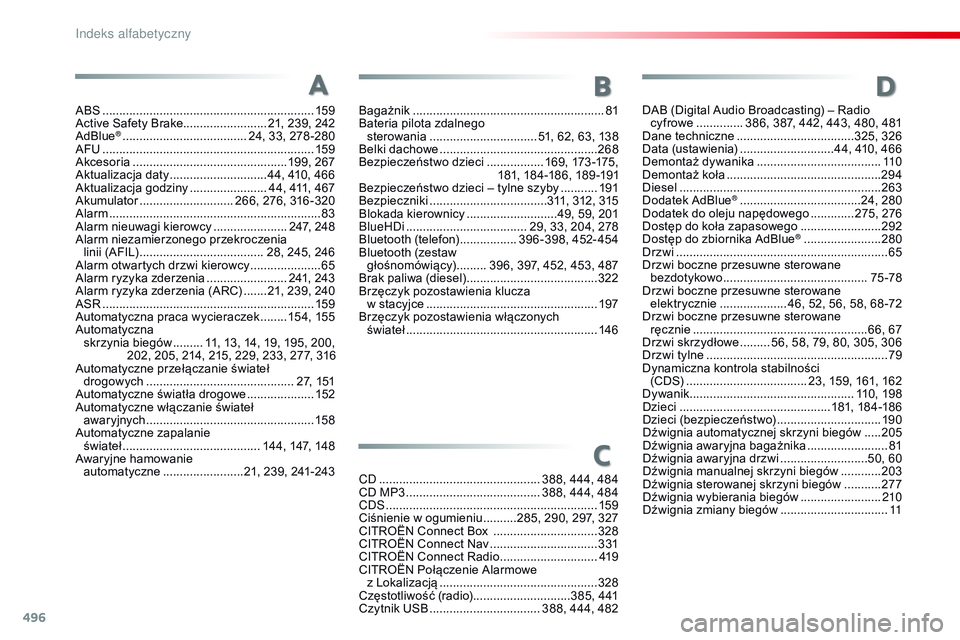 CITROEN JUMPER SPACETOURER 2017 Instrukcja obsługi (in Polish) 496
Spacetourer-VP_pl_Chap11_index-alpha_ed01-2016
ABS ...............................................................159
Active Safety Brake......................... 21, 239, 242
AdBlue
® .......... CITROEN JUMPER SPACETOURER 2017 Instrukcja obsługi (in Polish) 496
Spacetourer-VP_pl_Chap11_index-alpha_ed01-2016
ABS ...............................................................159
Active Safety Brake......................... 21, 239, 242
AdBlue
® ..........