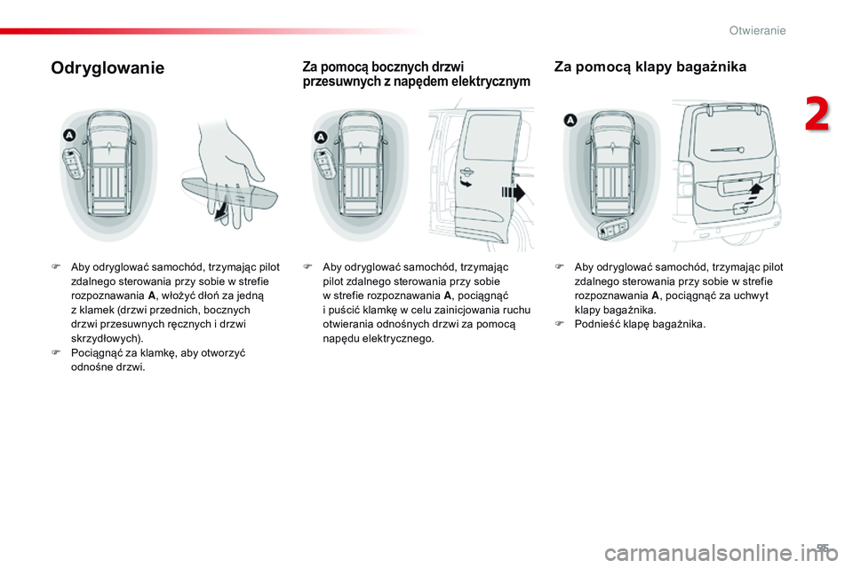 CITROEN JUMPER SPACETOURER 2017  Instrukcja obsługi (in Polish) 55
Spacetourer-VP_pl_Chap02_ouvertures_ed01-2016
Odryglowanie
F Aby odryglować samochód, trzymając pilot zdalnego sterowania przy sobie w   strefie 
rozpoznawania  A, włożyć dłoń za jedną 
z 