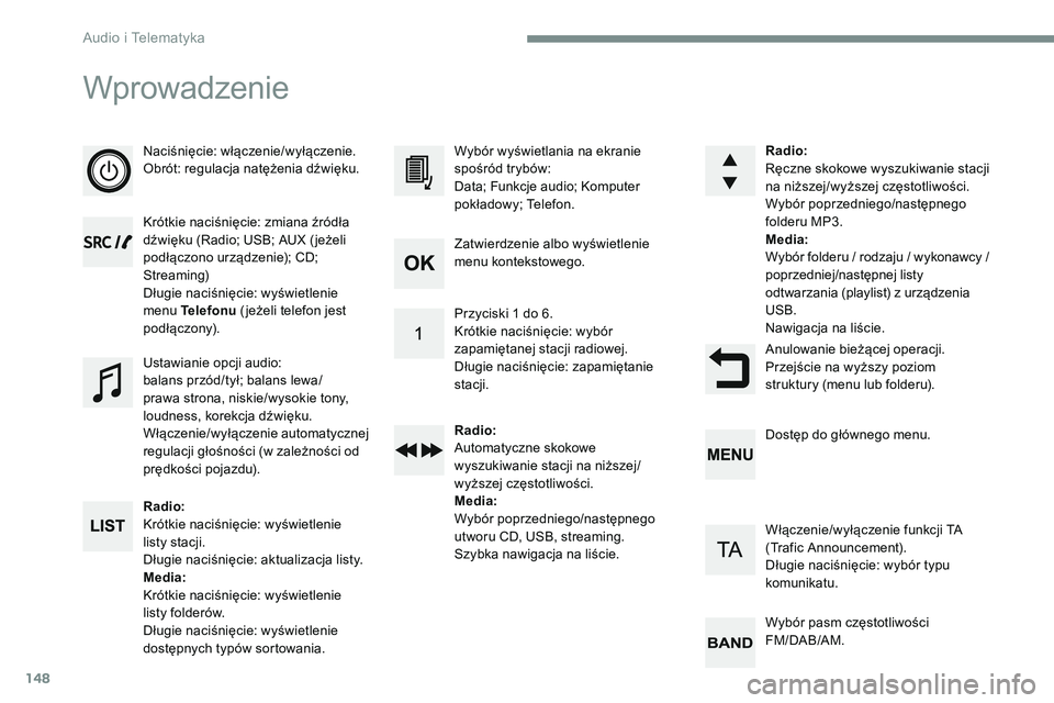 CITROEN JUMPER SPACETOURER 2017  Instrukcja obsługi (in Polish) 148
Wprowadzenie
Naciśnięcie: włączenie/wyłączenie.
Obrót: regulacja natężenia dźwięku.
Krótkie naciśnięcie: zmiana źródła 
dźwięku (Radio; USB; AUX ( jeżeli 
podłączono urządze