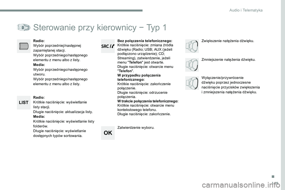 CITROEN JUMPER SPACETOURER 2017  Instrukcja obsługi (in Polish) 149
Transversal-Citroen_pl_Chap03_RD6_ed01-2016
Sterowanie przy kierownicy − Typ 1
Radio:
Krótkie naciśnięcie: wyświetlanie 
listy stacji.
Długie naciśnięcie: aktualizacja listy.
Media:
Krót