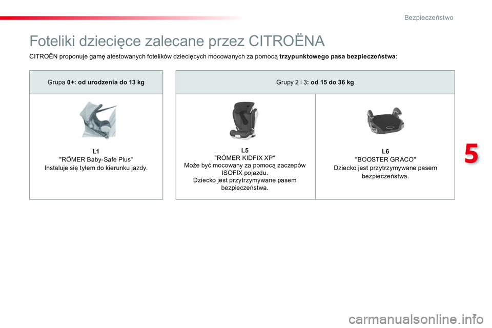 CITROEN JUMPER SPACETOURER 2017  Instrukcja obsługi (in Polish) 7
5
Bezpieczeństwo
 
 
Grupy 2 i 3 : od 15 do 36 kg 
 
 
   
 
   
 
 
   
 
   
L5   
 
 
"RÖMER KIDFIX XP"  
Może być mocowany za pomocą zaczepów 
ISOFIX pojazdu.  
Dziecko jest przytrzymywane