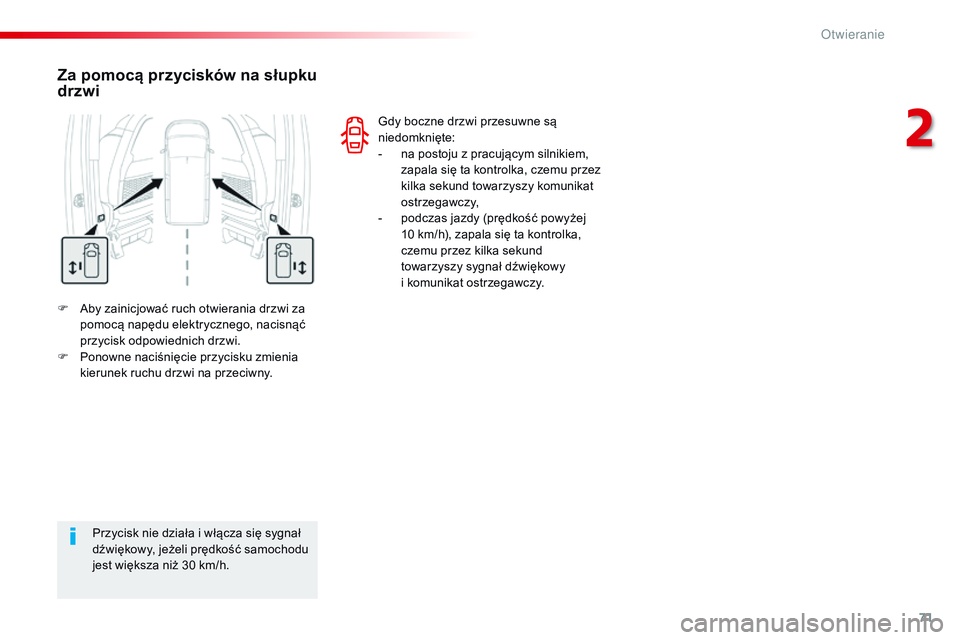 CITROEN JUMPER SPACETOURER 2017  Instrukcja obsługi (in Polish) 71
Spacetourer-VP_pl_Chap02_ouvertures_ed01-2016
F Aby zainicjować ruch otwierania drzwi za pomocą napędu elektrycznego, nacisnąć 
przycisk odpowiednich drzwi.
F
 
P
 onowne naciśnięcie przycis