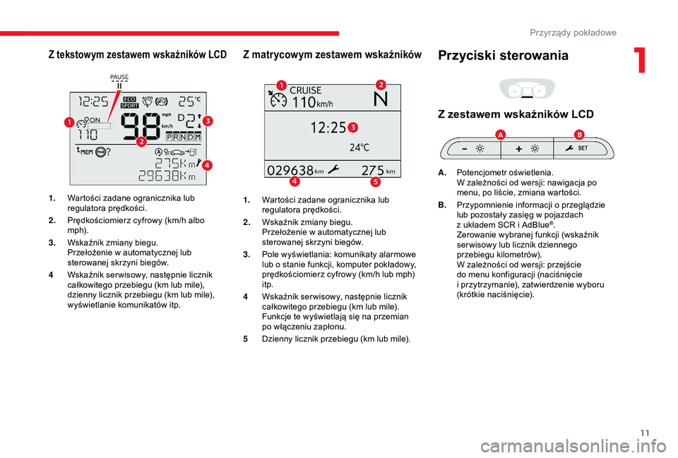 CITROEN JUMPER DISPATCH 2018 Instrukcja obsługi (in Polish) 11
Z tekstowym zestawem wskaźników LCD
1.Wartości zadane ogranicznika lub
regulatora prędkości.
2. Prędkościomierz cyfrowy (km/h albo
m p h).
3. Wskaźnik zmiany biegu.
Przełożenie w
auto CITROEN JUMPER DISPATCH 2018 Instrukcja obsługi (in Polish) 11
Z tekstowym zestawem wskaźników LCD
1.Wartości zadane ogranicznika lub
regulatora prędkości.
2. Prędkościomierz cyfrowy (km/h albo
m p h).
3. Wskaźnik zmiany biegu.
Przełożenie w
auto