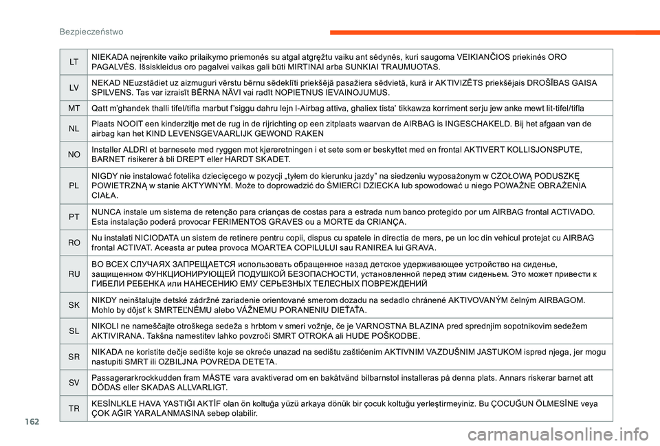 CITROEN JUMPER DISPATCH 2018  Instrukcja obsługi (in Polish) 162
LTNIEK ADA neįrenkite vaiko prilaikymo priemonės su atgal atgręžtu vaiku ant sėdynės, kuri saugoma VEIKIANČIOS priekinės ORO 
PAGALVĖS. Išsiskleidus oro pagalvei vaikas gali būti MIRTIN
