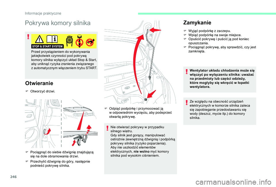CITROEN JUMPER DISPATCH 2018  Instrukcja obsługi (in Polish) 246
Pokrywa komory silnika
Otwieranie
F Pociągnąć do siebie dźwignię znajdującą się na dole obramowania drzwi.
F
 
P
 rzechylić dźwignię do góry, następnie 
podnieść pokrywę silnika. N