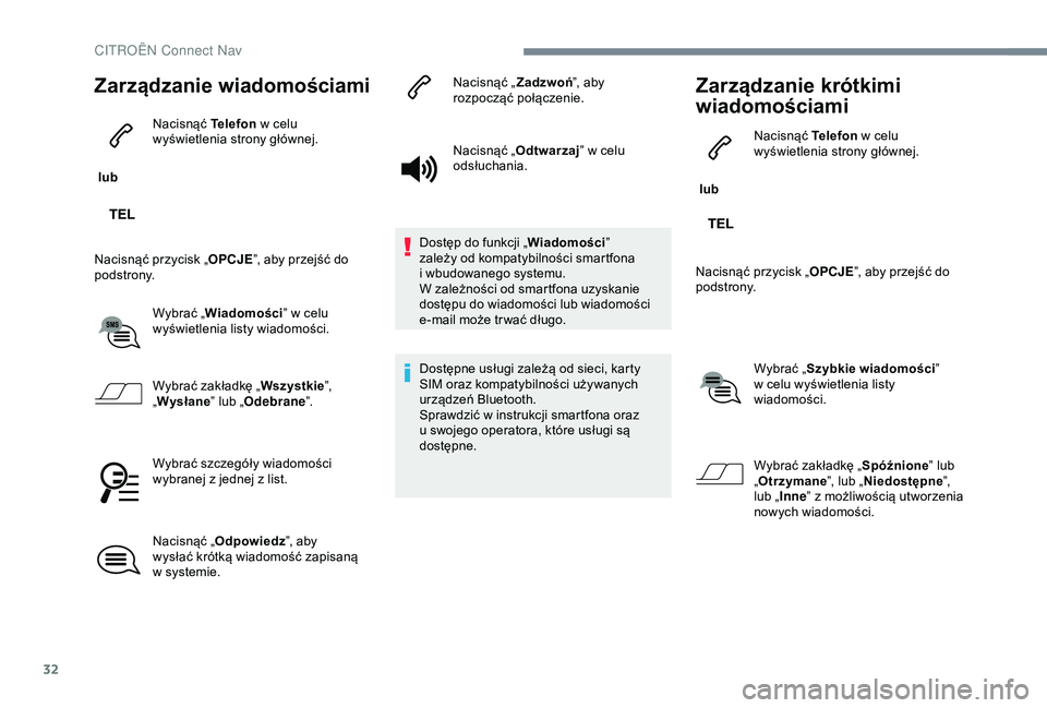 CITROEN JUMPER DISPATCH 2018  Instrukcja obsługi (in Polish) 32
Zarządzanie wiadomościami
 lub Nacisnąć Telefon
 w   celu 
wyświetlenia strony głównej.
Nacisnąć przycisk „ OPCJE”, aby przejść do 
podstrony.
Wybrać „Wiadomości ” w
  celu 
wy