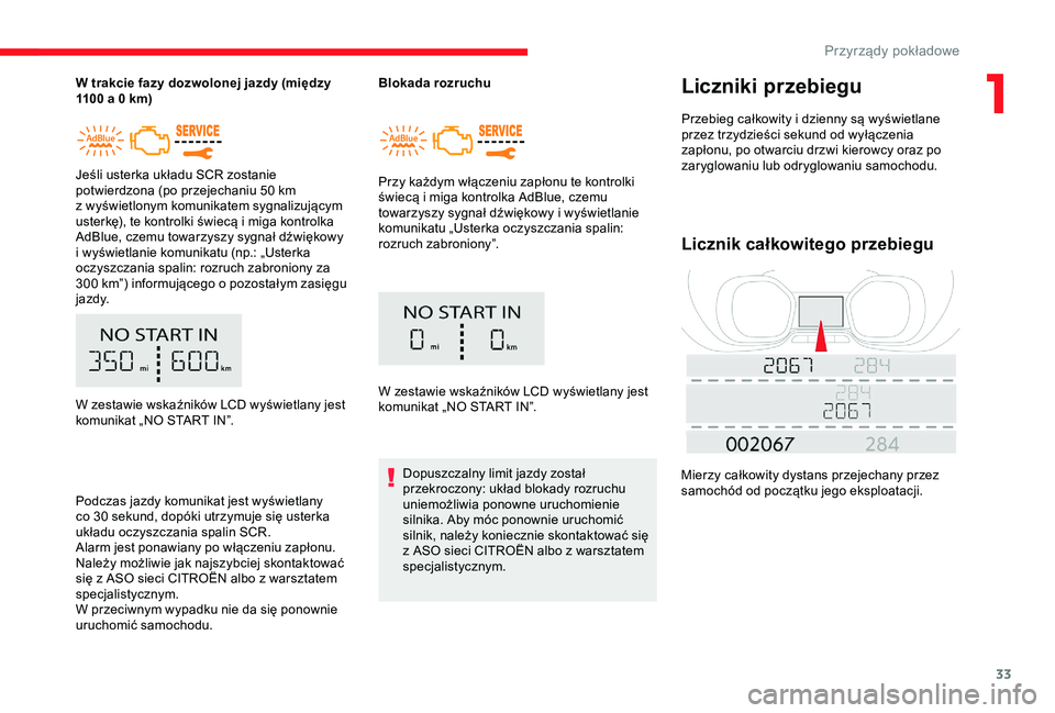 CITROEN JUMPER DISPATCH 2018  Instrukcja obsługi (in Polish) 33
W trakcie fazy dozwolonej jazdy (między 
1100 a  0   km)
Jeśli usterka układu SCR zostanie 
potwierdzona (po przejechaniu 50
  km 
z
  wyświetlonym komunikatem sygnalizującym 
usterkę), te ko