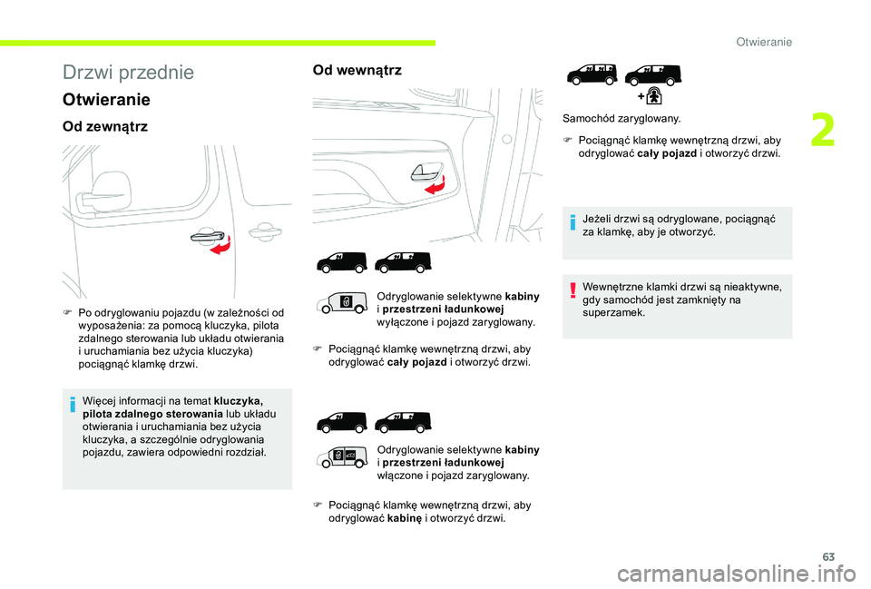 CITROEN JUMPER DISPATCH 2018  Instrukcja obsługi (in Polish) 63
Drzwi przednie
Otwieranie
Od zewnątrz
F Po odryglowaniu pojazdu (w zależności od wyposażenia: za pomocą kluczyka, pilota 
zdalnego sterowania lub układu otwierania 
i uruchamiania bez użycia