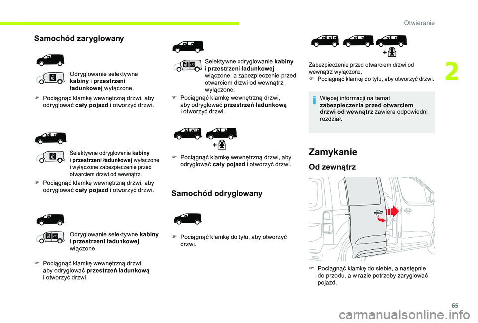 CITROEN JUMPER DISPATCH 2018  Instrukcja obsługi (in Polish) 65
Samochód zaryglowany
Odryglowanie selektywne 
kabiny i
  przestrzeni 
ładunkowej  wyłączone.
F
 
P

ociągnąć klamkę wewnętrzną drzwi, aby 
odryglować cał y pojazd i
  otworzyć drzwi.
S