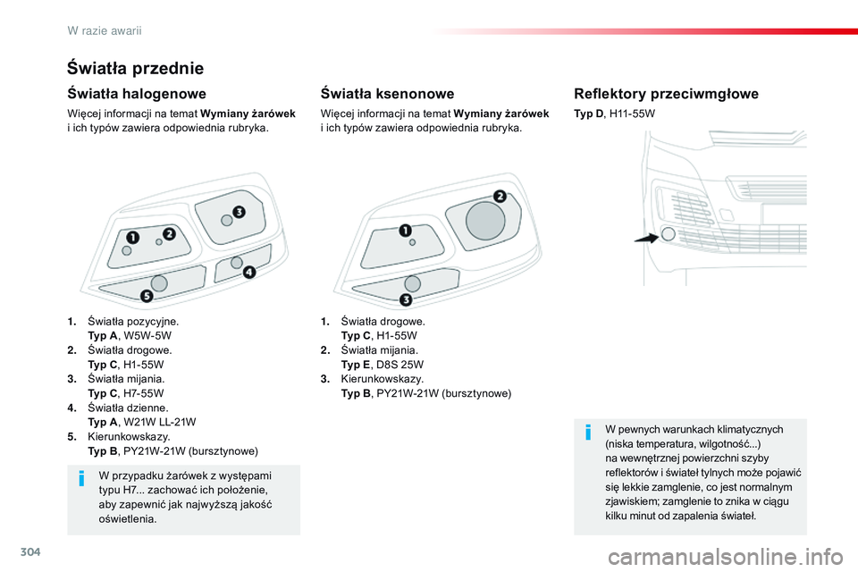 CITROEN JUMPER DISPATCH 2017 Instrukcja obsługi (in Polish) 304
Jumpy _pl_Chap08_En-cas-de-panne_ed01-2016
Światła przednie
Światła ksenonowe
Więcej informacji na temat Wymiany żarówek
i ich typów zawiera odpowiednia rubryka.
Światła halogenowe
Wi CITROEN JUMPER DISPATCH 2017 Instrukcja obsługi (in Polish) 304
Jumpy _pl_Chap08_En-cas-de-panne_ed01-2016
Światła przednie
Światła ksenonowe
Więcej informacji na temat Wymiany żarówek
i ich typów zawiera odpowiednia rubryka.
Światła halogenowe
Wi