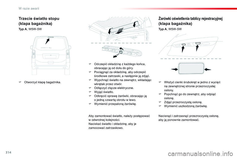 CITROEN JUMPER DISPATCH 2017  Instrukcja obsługi (in Polish) 314
Jumpy _pl_Chap08_En-cas-de-panne_ed01-2016
Nacisnąć i zatrzasnąć przezroczystą osłonę, 
a by ją ponownie zamontować.
F
 
O

dczepić okładzinę z
 
każdego końca, 
obracając ją od do