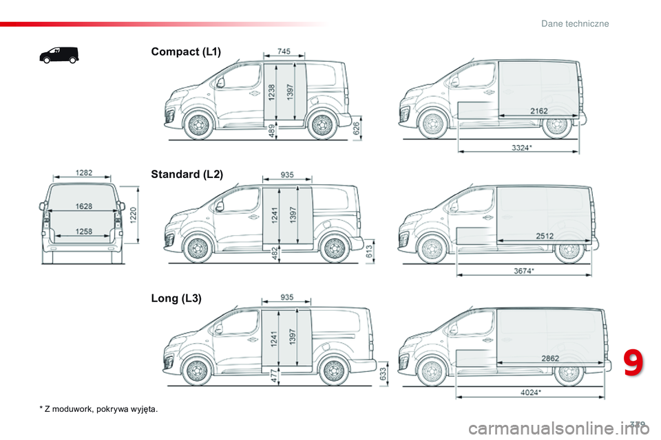 CITROEN JUMPER DISPATCH 2017  Instrukcja obsługi (in Polish) 329
Jumpy _pl_Chap09_caracteristiques-techniques_ed01-2016
* Z moduwork, pokrywa wyjęta.
Compact (L1)
Standard (L2)
Long (L3)
9 
D  