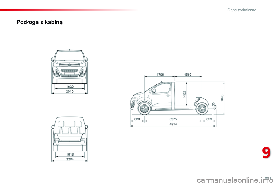 CITROEN JUMPER DISPATCH 2017  Instrukcja obsługi (in Polish) 331
Jumpy _pl_Chap09_caracteristiques-techniques_ed01-2016
Podłoga z kabiną
9 
D  