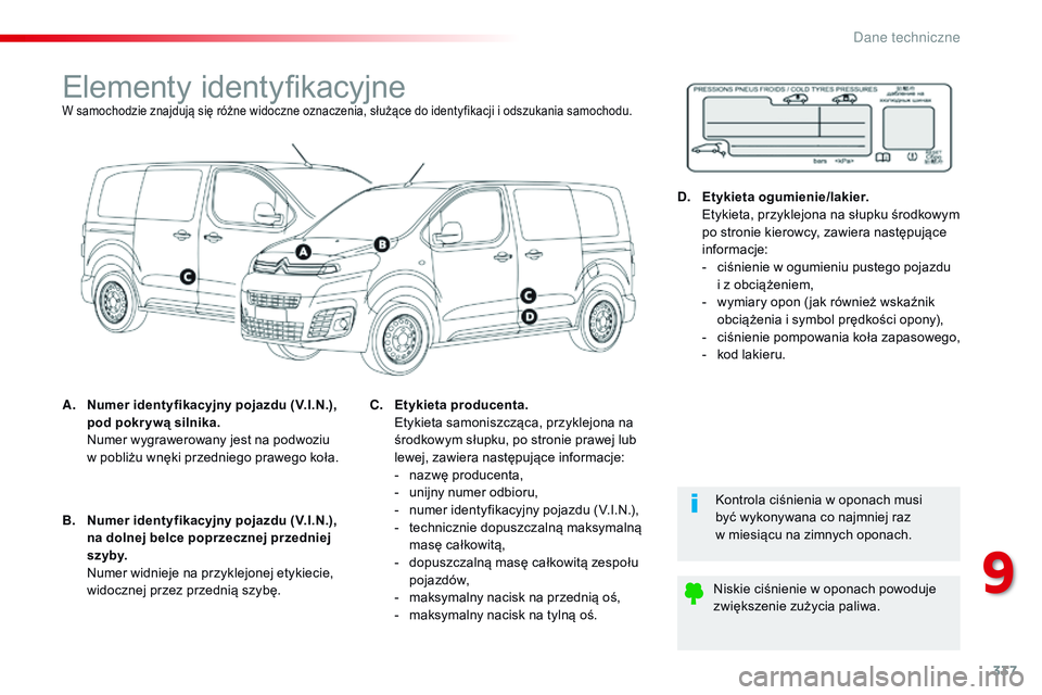 CITROEN JUMPER DISPATCH 2017  Instrukcja obsługi (in Polish) 337
Jumpy _pl_Chap09_caracteristiques-techniques_ed01-2016
Elementy identyfikacyjneW samochodzie znajdują się różne widoczne oznaczenia, służące do identyfikacji i odszukania samochodu.
A. Nume