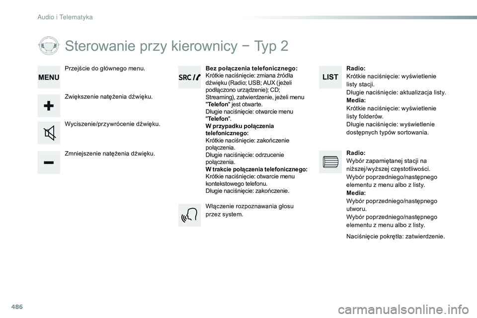 CITROEN JUMPER DISPATCH 2017  Instrukcja obsługi (in Polish) 486
Sterowanie przy kierownicy − Typ 2
Zmniejszenie natężenia dźwięku. Wyciszenie/przywrócenie dźwięku.Bez
 połą czenia telefonicznego :
Krótkie naciśnięcie: zmiana źródła 
dźwięku 