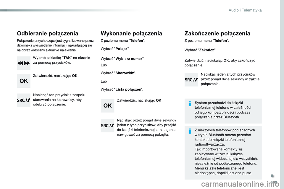 CITROEN JUMPER DISPATCH 2017 Instrukcja obsługi (in Polish) 499
Jumpy_pl_Chap10d_RD6_ed01-2016
Odbieranie połączenia
Połączenie przychodzące jest sygnalizowane przez
dzwonek i wyświetlanie informacji nakładającej się
na obraz widoczny aktualnie na e CITROEN JUMPER DISPATCH 2017 Instrukcja obsługi (in Polish) 499
Jumpy_pl_Chap10d_RD6_ed01-2016
Odbieranie połączenia
Połączenie przychodzące jest sygnalizowane przez
dzwonek i wyświetlanie informacji nakładającej się
na obraz widoczny aktualnie na e