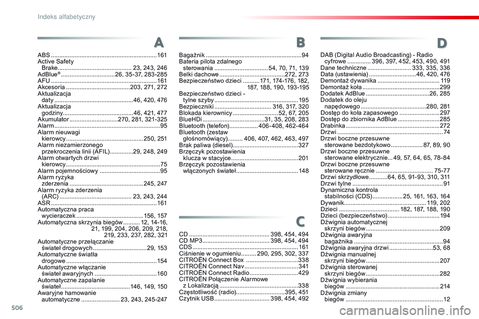 CITROEN JUMPER DISPATCH 2017 Instrukcja obsługi (in Polish) 506
Jumpy_pl_Chap11_index-alpha_ed01-2016
ABS ...............................................................161
Active Safety Brake
................
............................ 23, 243, 246
AdBl CITROEN JUMPER DISPATCH 2017 Instrukcja obsługi (in Polish) 506
Jumpy_pl_Chap11_index-alpha_ed01-2016
ABS ...............................................................161
Active Safety Brake
................
............................ 23, 243, 246
AdBl