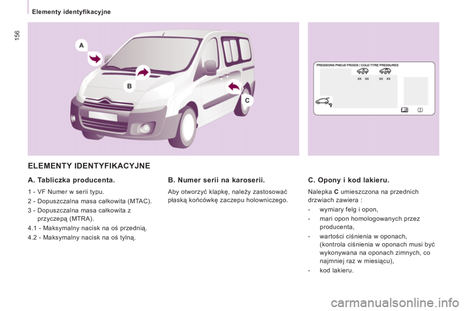CITROEN JUMPER MULTISPACE 2013  Instrukcja obsługi (in Polish) 156
   
 
Elementy identyfikacyjne  
 
 
ELEMENTY IDENTYFIKACYJNE 
 
 
A. Tabliczka producenta. 
 
1 - VF Numer w serii typu. 
  2 - Dopuszczalna masa całkowita (MTAC). 
  3 -  Dopuszczalna masa cał